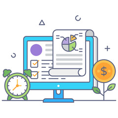 
Document inside monitor denoting flat icon of investment report 
