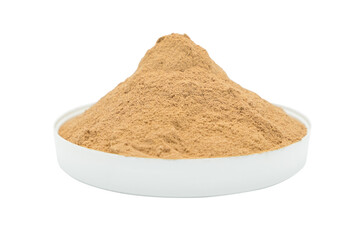 Whey protein powder isolated on white background. Plastic measuring dietary spoon and heap of...