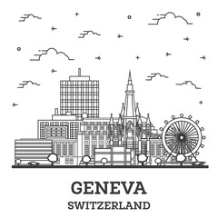 Outline Geneva Switzerland City Skyline with Modern Buildings Isolated on White.