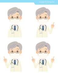 指差しをするマスクを付けた白衣の男性医師　セット