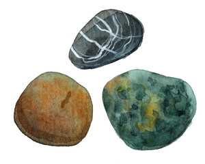 Watercolor sea pebbles set, geology, blue, turquoise stones. Natural texture with paint splashes. Can be used for print, postcard. Hand drawn raster stock illustration in realism, traditional drawing
