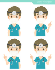 指差しをするマスクと額帯鏡を付けた男性医師　セット