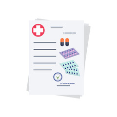 Price list, invoice, doctor's prescription, or reference information for medicines. A set of medicines for a fee. Stamp and signature. Health care medicine, pharmacy and vaccination concept. Vector