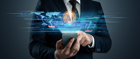 The businessman holds in his hand a smartphone with a virtual screen. Building on a modern interface, online shopping. Concept for digital marketing, plan and strategy, mobile technologies.