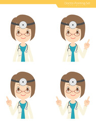 指差しをする額帯鏡を付けた白衣の女性医師　セット