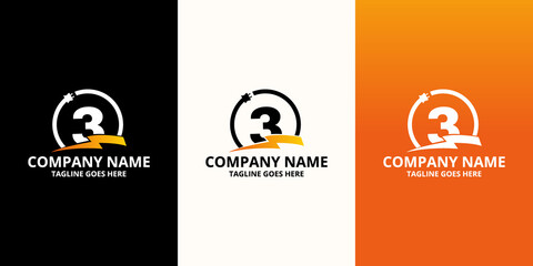 Flash initial number 3 Logo Icon Template. Illustration vector graphic. Electrical Bolt and electric plugs With number symbol. Perfect for corporate, more technology brand identity
