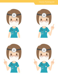 指差しをするマスクと額帯鏡を付けた女性医師　セット