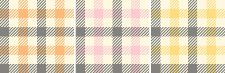 Gingham pattern set in grey, pink, orange, yellow. Vichy seamless check background art striped graphics for shirt, tablecloth, tea towel, other modern spring summer casual fashion textile print.