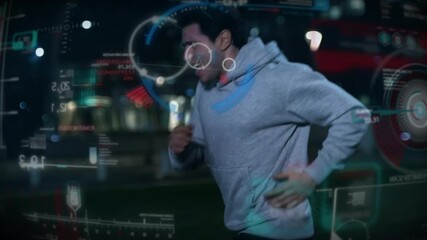 Cinematic shot of male sportsman is running with effort by using latest innovative technology augmented reality holograms in city center at night. Concept of sport, immersive technology, determination - Powered by Adobe