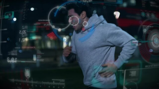 Cinematic shot of male sportsman is running with effort by using latest innovative technology augmented reality holograms in city center at night. Concept of sport, immersive technology, determination