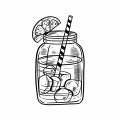 Hand drawn black color cocktail in jar. Drink with lemon, ice cubes and tube.