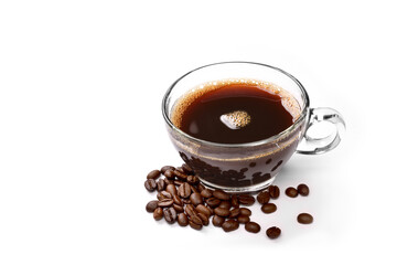 Glass cup of coffee and coffee beans isolated on white background