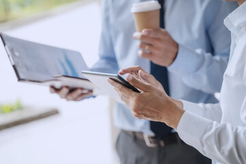 business colleagues greeting each other outdoor. people meeting and working outdoor.