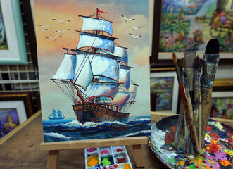  Original oil painting on canvas. sailboat , Boats ,ship .  junk boat  ,  Palette , paintbrush