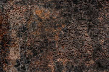 Old grimy rusty burnt iron sheet. Deep gaping pitted bumpy grooved rust, shabby uneven bold dirty rot. Ragged sharp peeled wall. Destroyed decayed waste scraps, grungy flaked oxyde for 3D hard design
