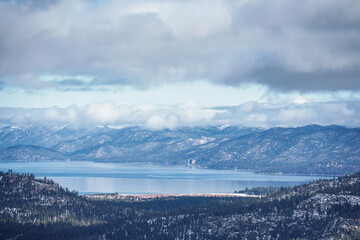 View of Lake Tahoe and the Eastern Sierra Nevada Mountains, Cave Rock, and the Upper Truckee Marsh frm Echo Summit in California