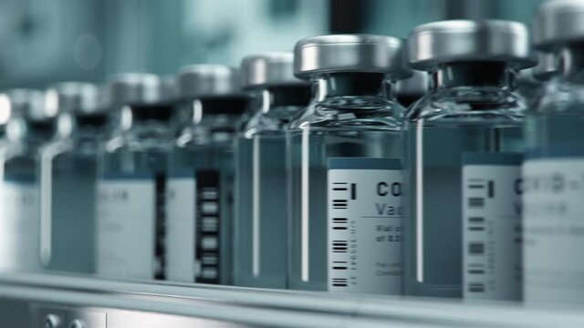 SARS-COV-2 COVID-19 Coronavirus Vaccine Mass Production in Laboratory, Bottles with Branded Labels Move on Pharmaceutical Conveyor Belt in Research Lab