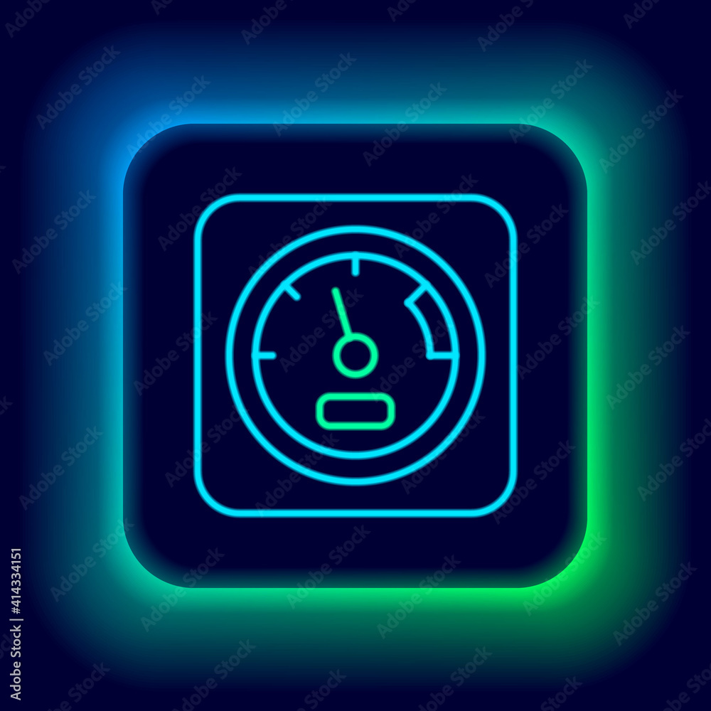 Sticker Glowing neon line Sauna thermometer icon isolated on black background. Sauna and bath equipment. Colorful outline concept. Vector.