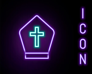 Glowing neon line Pope hat icon isolated on black background. Christian hat sign. Colorful outline concept. Vector.