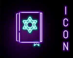 Glowing neon line Jewish torah book icon isolated on black background. Pentateuch of Moses. On the cover of the Bible is the image of the Star of David. Colorful outline concept. Vector.