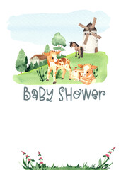 Watercolor farm village baby shower invitation with cute little farm animals