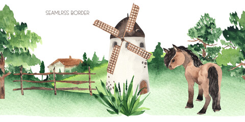 Watercolor farm village seamless border with cute little farm animals - 414334593