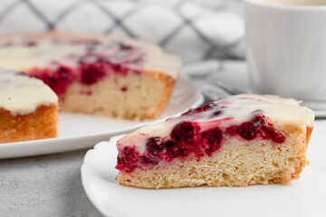 Homemade cake with cranberries and sour cream. Piece of pie close up