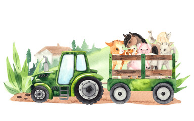 Watercolor farm village composition with tractor, trailer and cute little farm animals