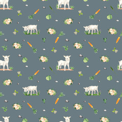 Watercolor farm village seamless pattern with cute little farm animals and elements - 414335501