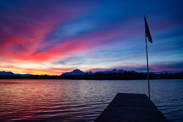 Sunrise Lake with United States Flag Alaska