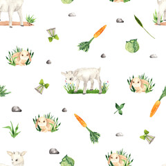 Watercolor farm village seamless pattern with cute little farm animals and elements