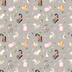 Watercolor farm village seamless pattern with cute little farm animals and elements - 414335599