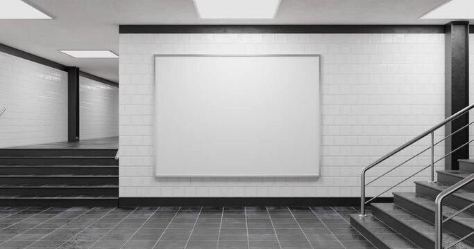 Mockup of a blank white advertising urban billboard indoors in subway hall; empty information banner placeholder template on the metro or railroad station