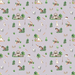 Watercolor farm village seamless pattern with cute little farm animals and elements - 414335788