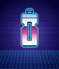 Retro style Fitness shaker icon isolated futuristic landscape background. Sports shaker bottle with lid for water and protein cocktails. 80s fashion party. Vector.