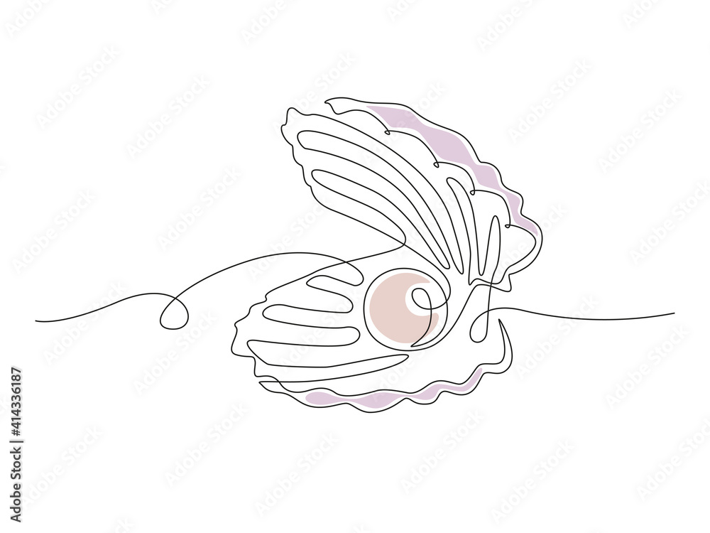 Poster open pearl shell. continuous one line drawing of an oyster mollusk. modern minimalist badge icon or 