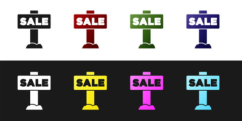 Set Hanging sign with text Sale icon isolated on black and white background. Signboard with text Sale. Vector.