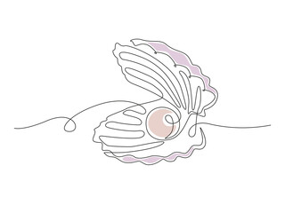 Open pearl shell. Continuous one line drawing of an oyster mollusk. Modern minimalist badge icon or logo with abstract pearl color shapes. Vector illustration with abstract pearl color shapes