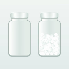 vector bottle with pills. flat image of medicines in medicine container. oval and round medical tablets.