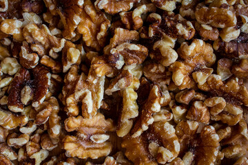 Top view of deshelled walnuts. Use for healthy food concept