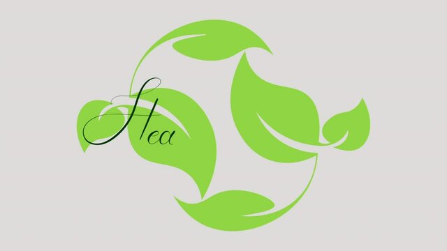 animated logo inscription healthy food on the background of carved green leaves