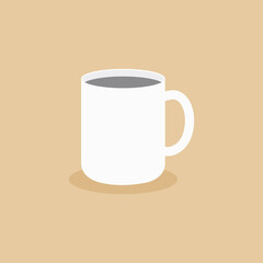 White coffee mug in flat cartoon style. Cute trendy crockery with handle for drink. Colored mugs filling by beverages isolated. A big cup decorated with design elements. Vector illustration