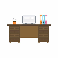 Home office desk with laptop on the table and a pile of documents. Cozy workplace modern design interior concept. Work from home, freelance or studying. Flat style vector illustration