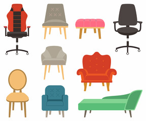Set of furniture, sofas and armchairs in colorful design. Comfortable empty chairs collection for interior equipment. Vector illustration of chair in different models flat cartoon style