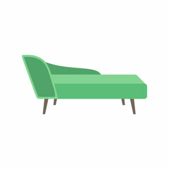 Long sofa chair in flat style, for interior design isolated on white background. Comfortable green pastel couch, sofa, chair. Furniture design home, apartment or office equipment. Vector illustration