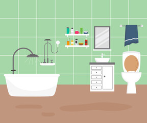 Set for bathroom with stylish comfy furniture and modern home decorations in trendy style. Cozy interior furnished home include shower, mirror, sink, bath and towel. Flat cartoon vector illustration