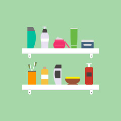 Personal hygiene supplies. Bathroom glass shelves with soap, toothbrush, toothpaste, shampoo, face wash and body scrub. Sanitary and care in flat icons design elements. Vector cartoon illustration.