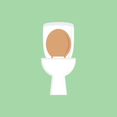 Flushing toilet cartoon flat icon. Badge toilet for house plumbing promotion design. Bathroom interior attribute, lavatory accessory. Traditional restroom equipment with flush tank and lid down