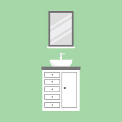 Cartoon sanitary hygiene furnishings of washroom restroom with sink toilet mirror faucet washing machine isolated on light green background. Bathroom furniture modern design vector flat illustration