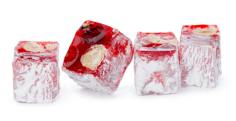 Fototapeta na wymiar Close up of red Turkish Delight sweets isolated on white